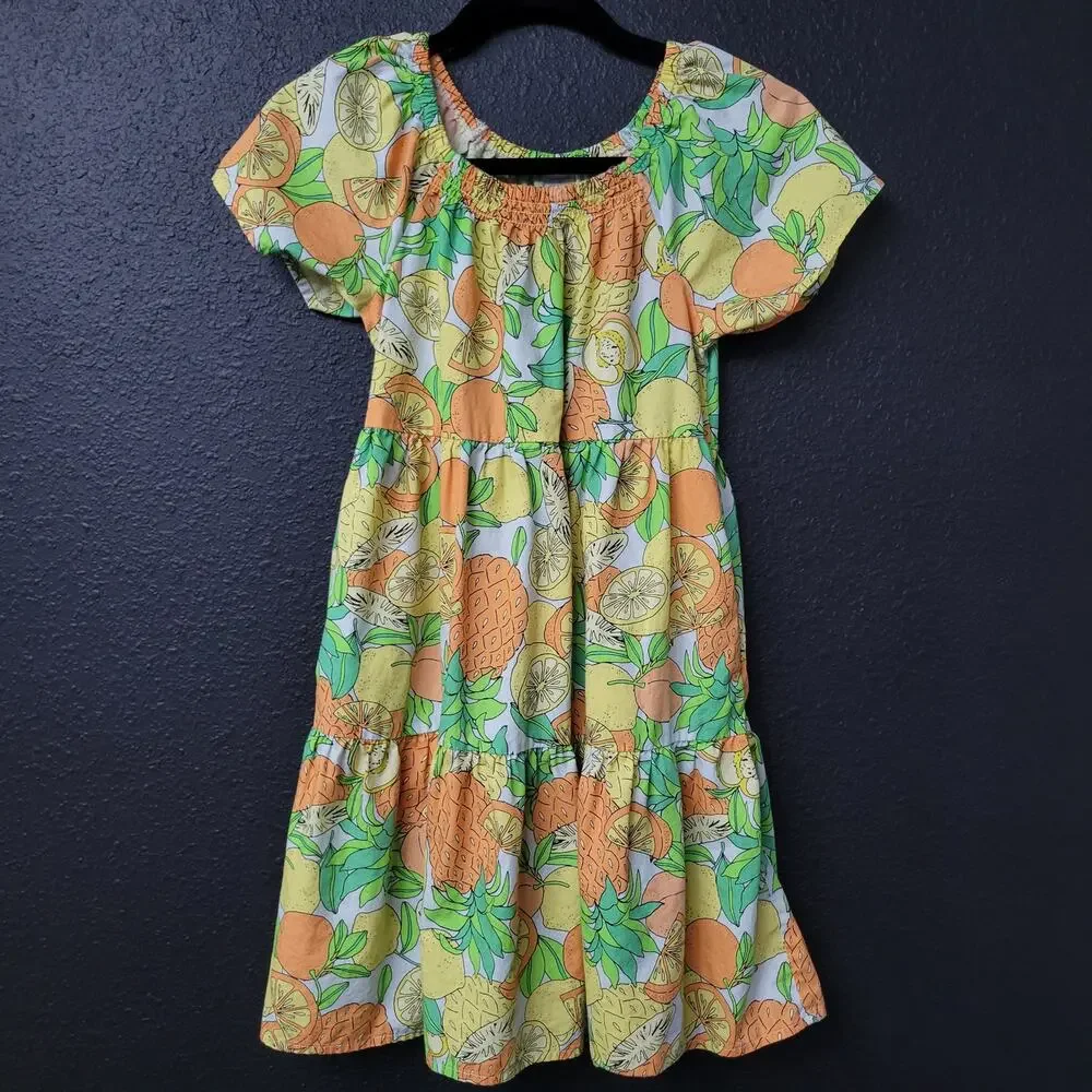 Peyton & Parker Girls Citrus Fruit Print Tiered Dress Size 10-12 Orange Lemon